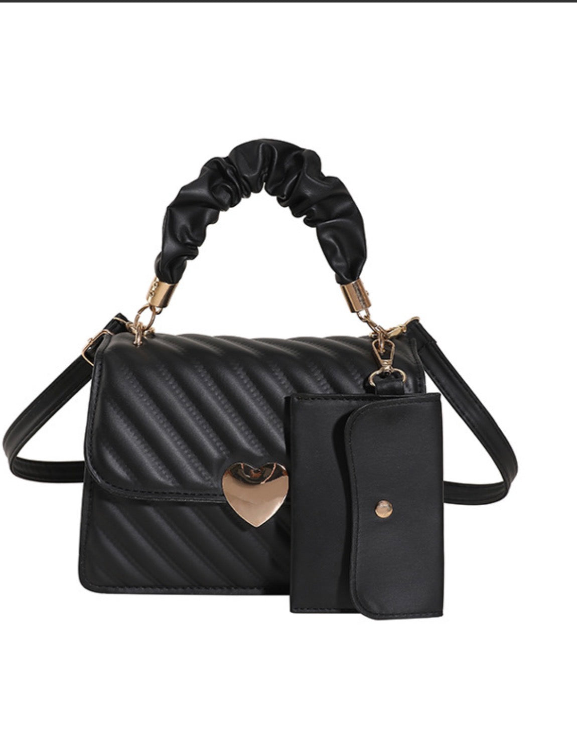 Leather Crossbody Bag with Heart Buckle Ruched Handle