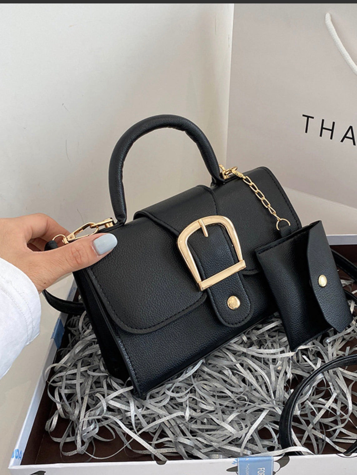 Leather Small Square Shoulder Bag With Gold Metal Buckle And Mini Coin Purse Trendy Crossbody Handbag