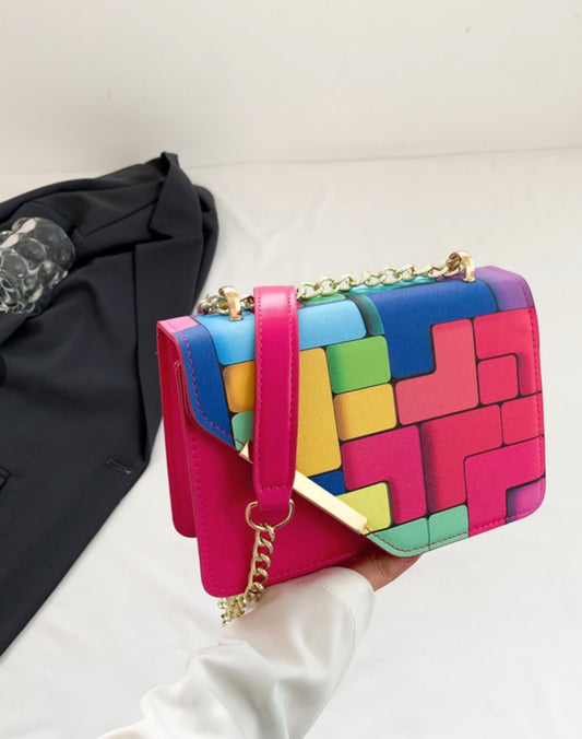 Leather Color Blocking Small Square Crossbody Bag
