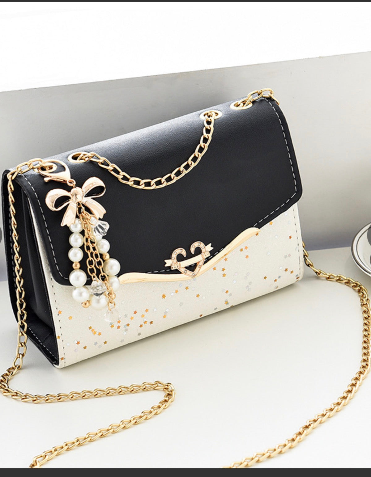 Shoulder Bag With Glitter Star Pattern Heart Metal Buckle Elegant Small Crossbody Bag