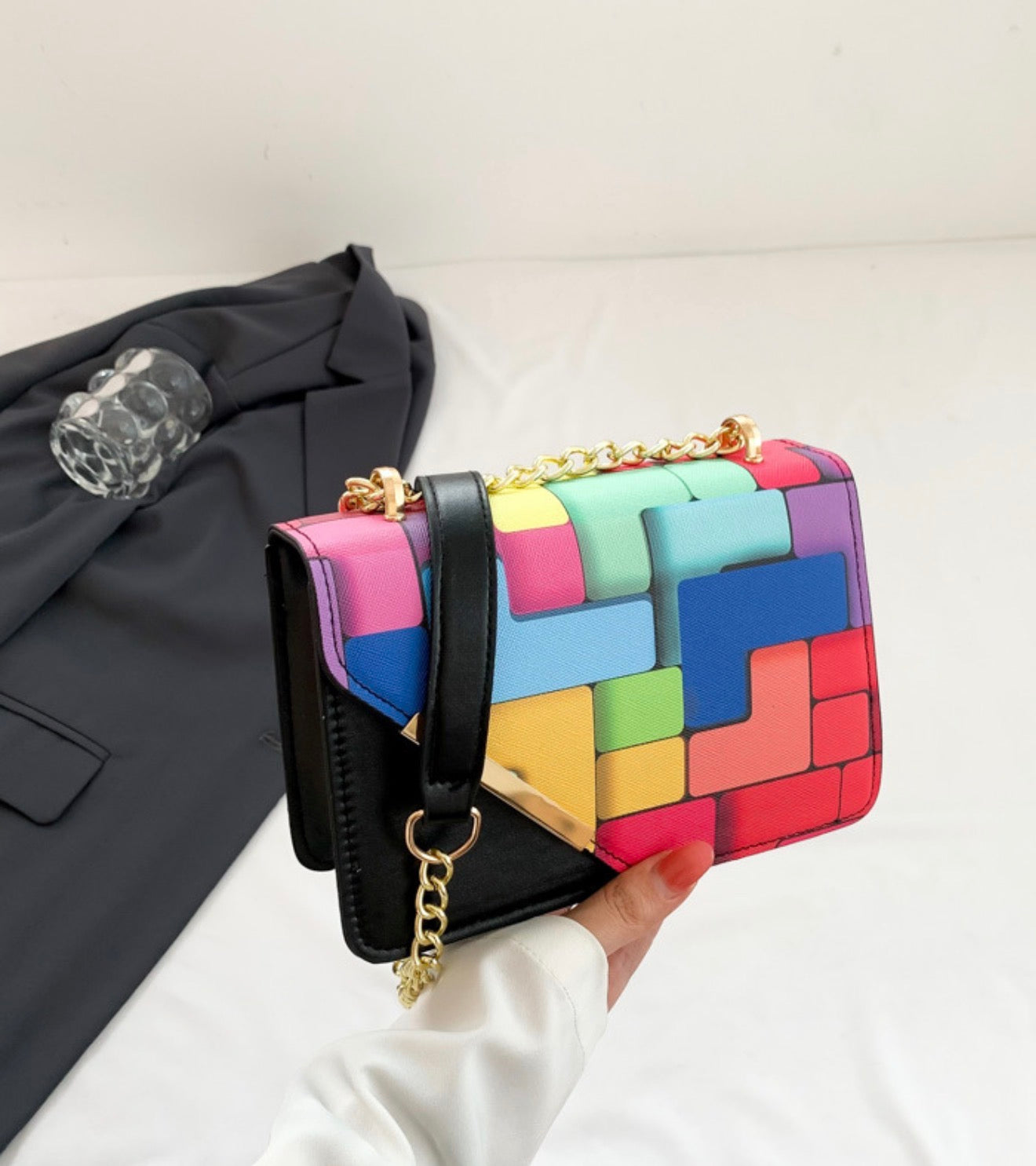 Leather Color Blocking Small Square Crossbody Bag