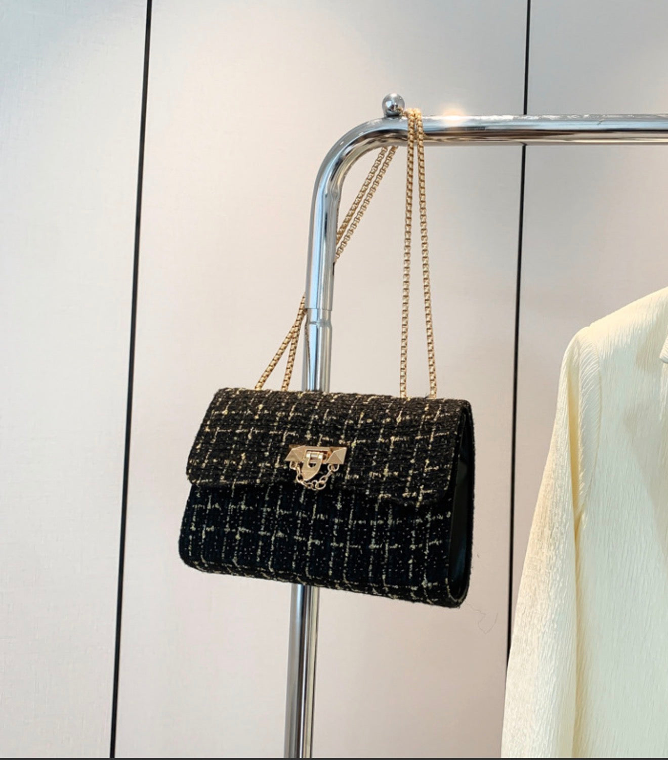 Plaid Shoulder Bag Elegant Gold Chain Crossbody Bag