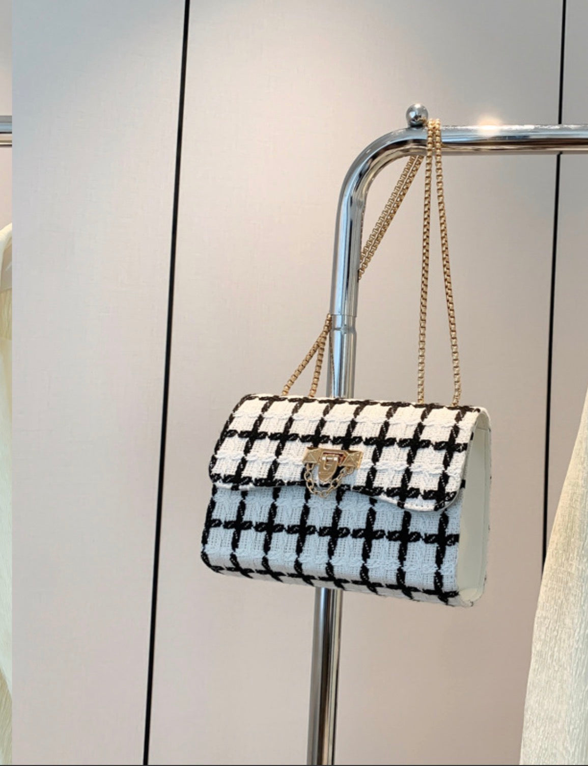 Plaid Shoulder Bag Elegant Gold Chain Crossbody Bag