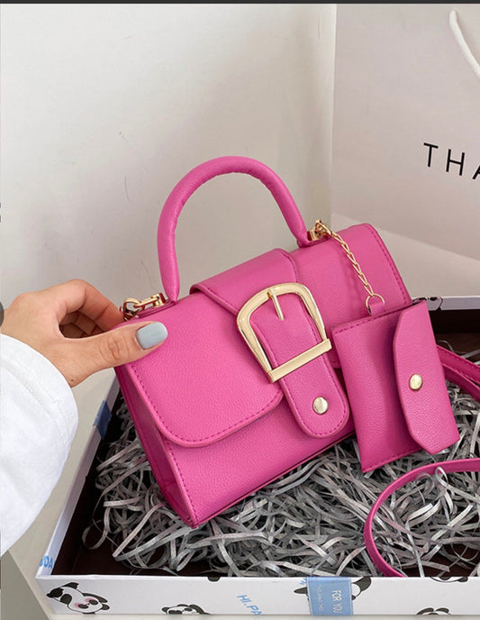 Leather Small Square Shoulder Bag With Gold Metal Buckle And Mini Coin Purse Trendy Crossbody Handbag