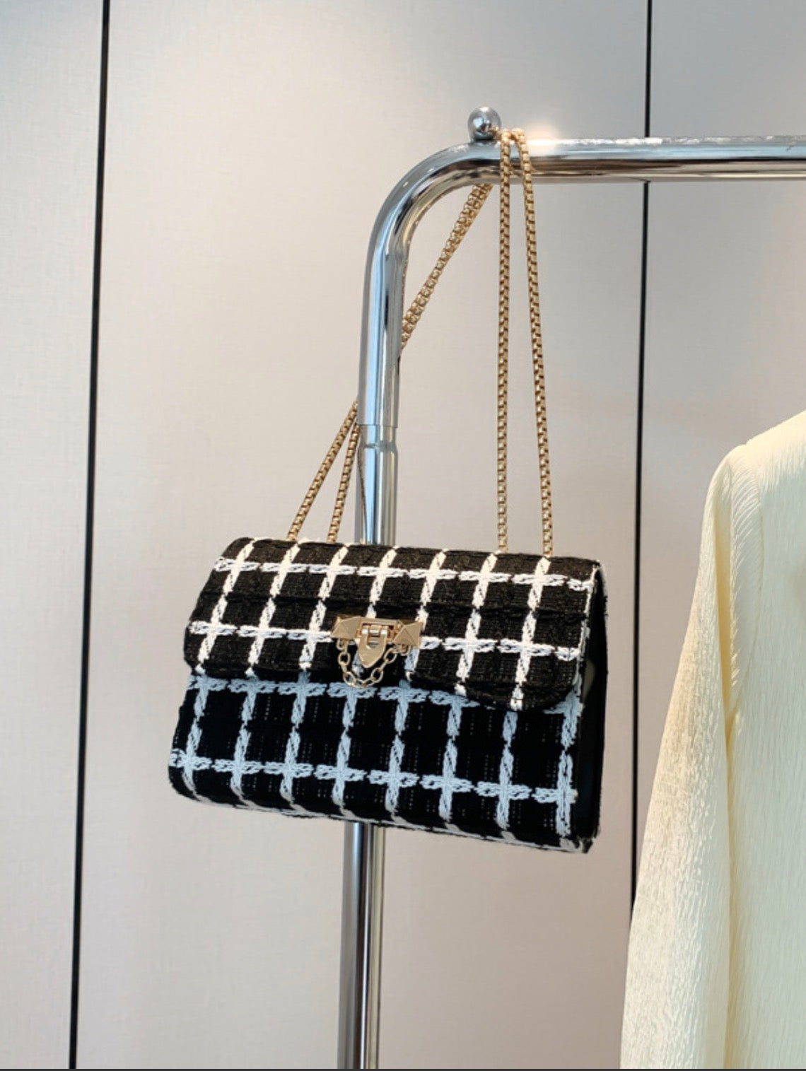 Plaid Shoulder Bag Elegant Gold Chain Crossbody Bag